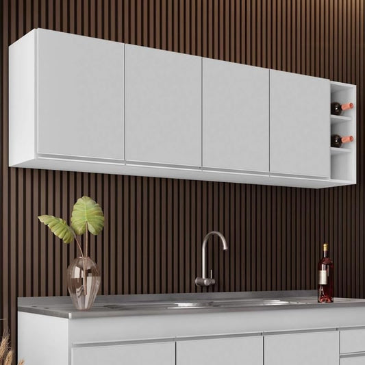 Sleek 4-Door Engineered Wood Cabinet with Shelving for Kitchen Storage | Color:- White | (180 x 28.5 x 54 Cm)