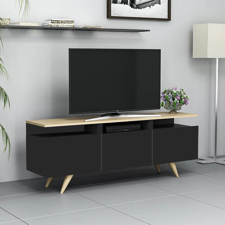 Matte Finish Berlin Engineered Wood Entertainment TV Unit, TV Cabinet, TV Stand for Living Room, Bedroom, Tv Up to 55 Inches, || Assembly-DIY (Do-It-Yourself) || Color: Oak & Black