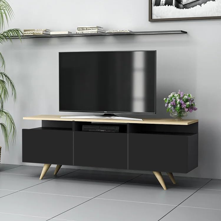 Matte Finish Berlin Engineered Wood Entertainment TV Unit, TV Cabinet, TV Stand for Living Room, Bedroom, Tv Up to 55 Inches, || Assembly-DIY (Do-It-Yourself) || Color: Oak & Black