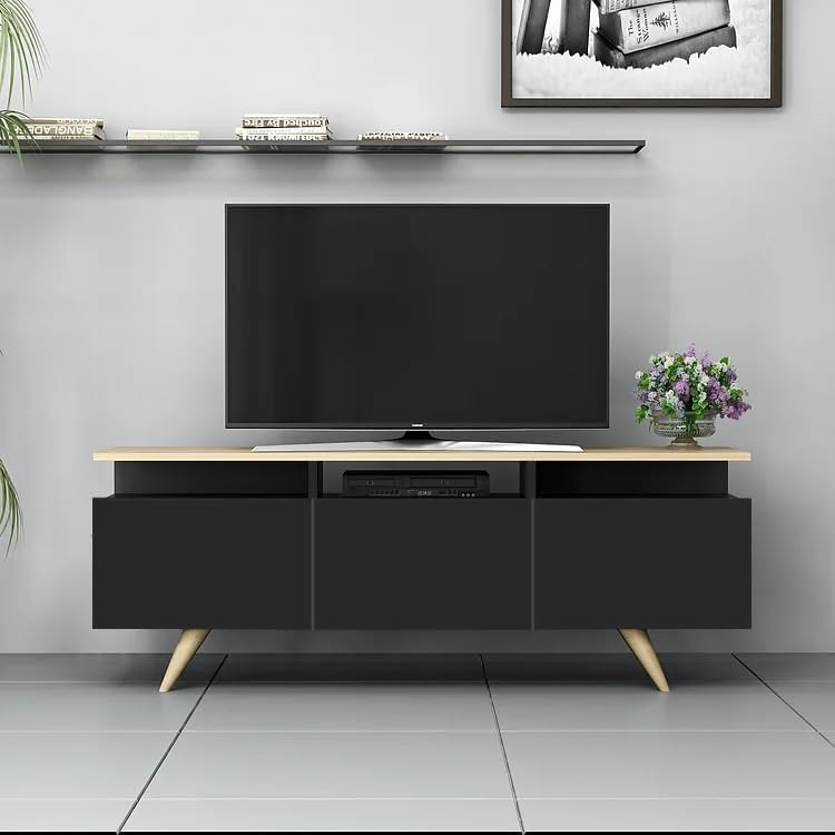 Matte Finish Berlin Engineered Wood Entertainment TV Unit, TV Cabinet, TV Stand for Living Room, Bedroom, Tv Up to 55 Inches, || Assembly-DIY (Do-It-Yourself) || Color: Oak & Black